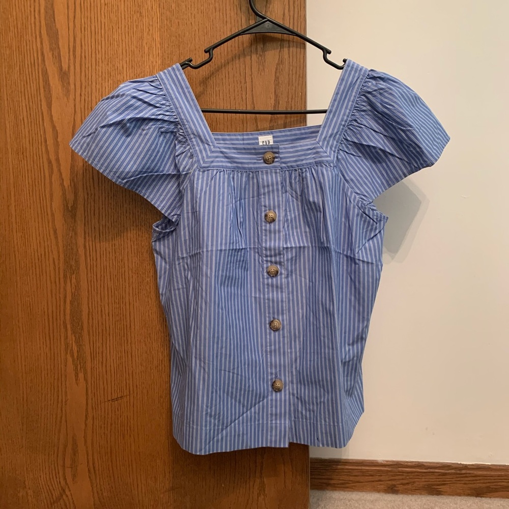 Gap Blue Cotton Striped Blouse, Puff Sleeves, Square Neck, Small
